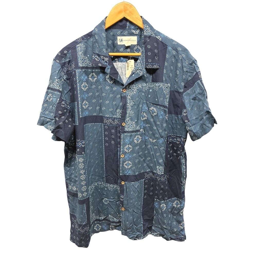 Aéropostale Button Up Shirt Men's XL Blue Patchwork‎ Paisley Short Sleeve